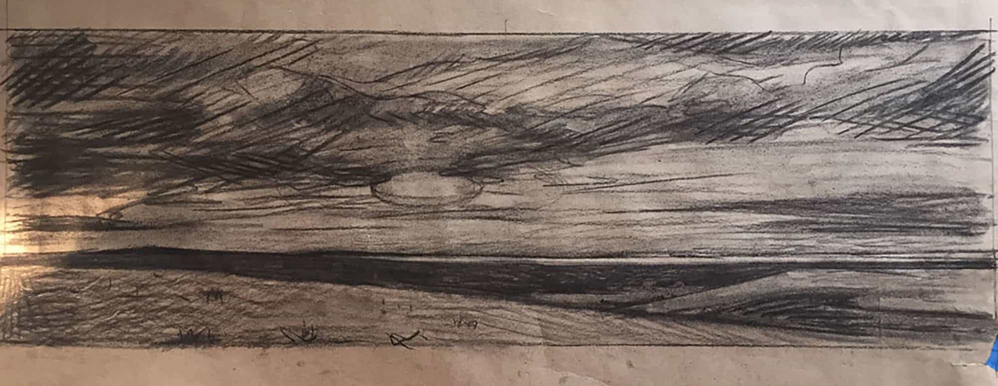 A charcoal drawing depicts a sunset over a body of water, with a dark, cloudy sky and faint landscape features in the foreground.